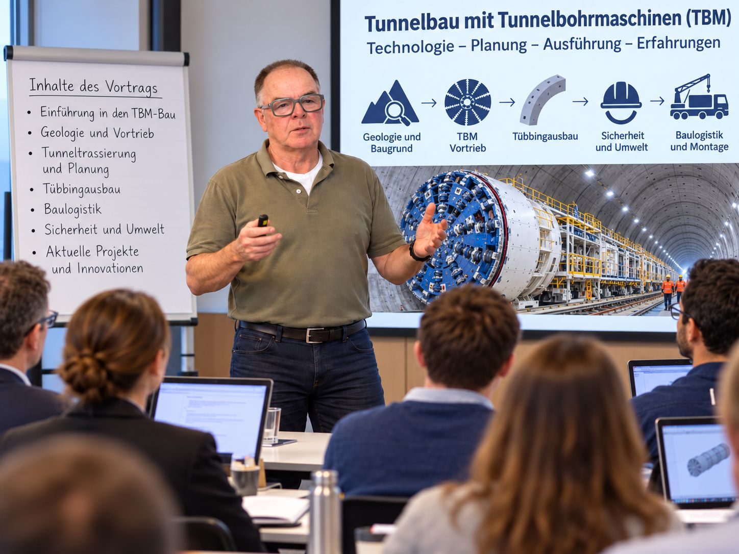 Dr. Rehm hält einen Workshop zum Tunnelbau mit Tunnelbohrmaschinen vor Fachpublikum